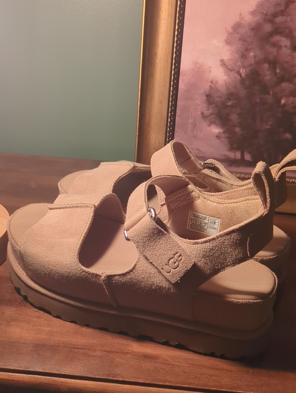 Women's Tan Suede Platform Sandals - Comfort Straps. Size 8